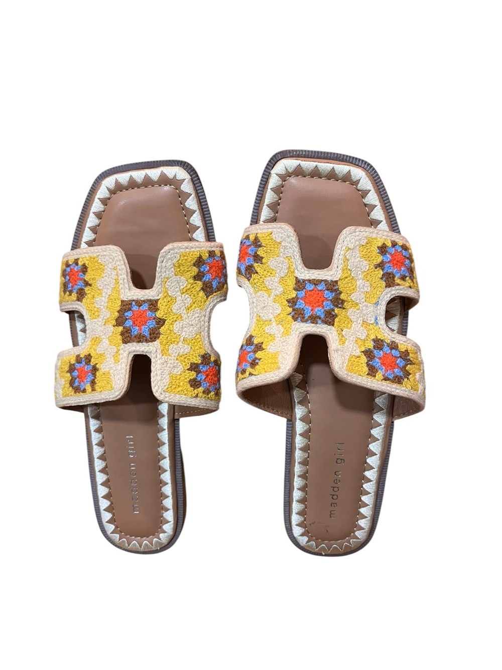 Madden Girl Crochet Sandals Yellow Green Floral Slides Boho Chic Granny 8.5